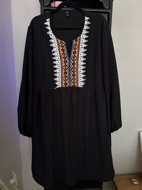 Black Embroidered Boho Tunic Dress